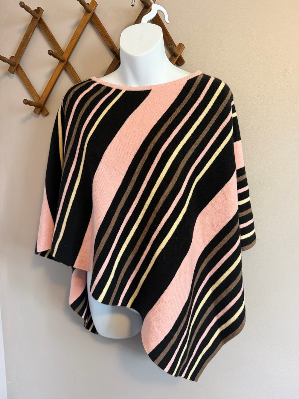 Max Studio Knit Asymmetric Striped Poncho Sweater Pink Black Wool Blend One Size